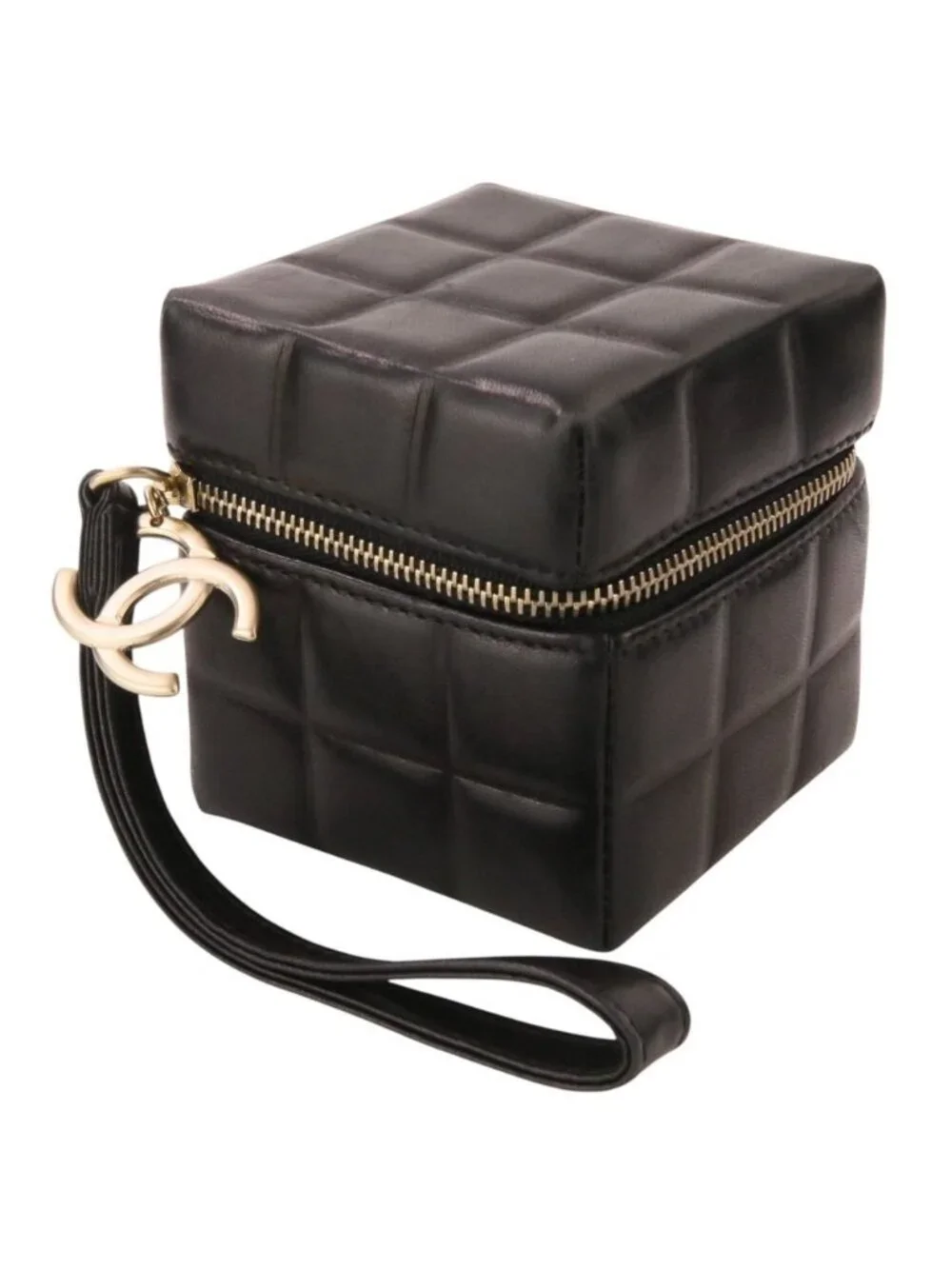 Chanel Wristlet Cube CC Logo Choco Bar Leather Pouch Black